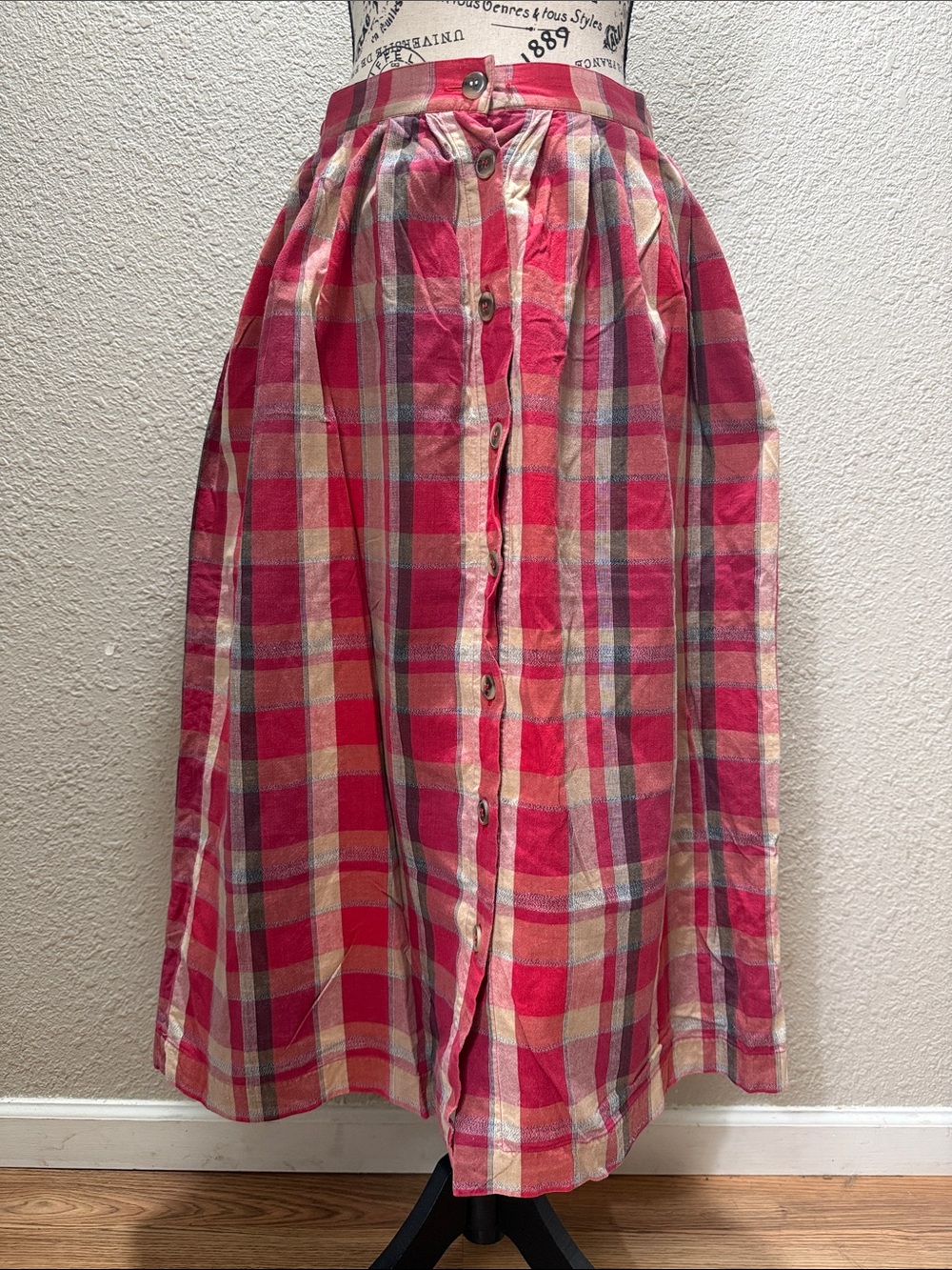 Red Plaid Midi Skirt with Button-Front Detail